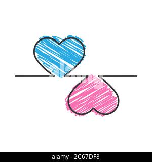 Two hearts in a Doodle style. Contour vector illustration isolated on a white background Stock Vector