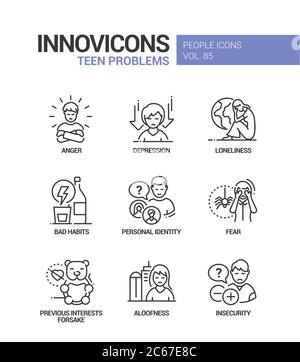 Teen problems line design style icons set Stock Vector