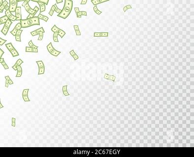 Dollar flying on transparent background. Paper bank notes frame. Banknotes icon. Money in a flat style. Jackpot, big win. Cartoon cash sign. Currency Stock Vector