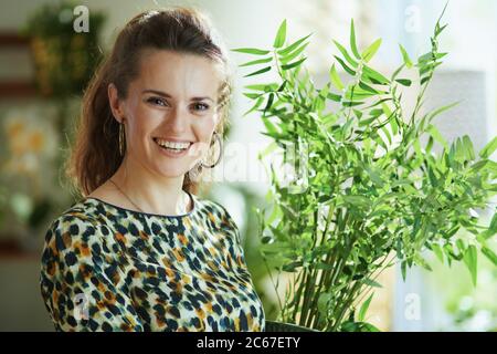 Portrait of smiling stylish female in blouse with green houseplant decorating home in the modern house in sunny day. Stock Photo