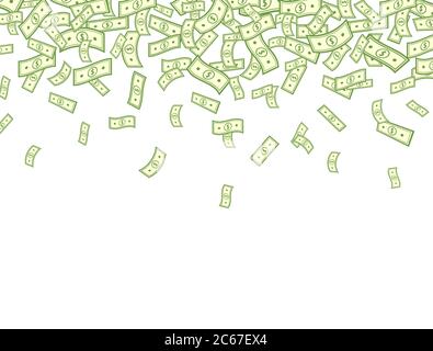 Dollar falling on white background. Banknotes icon explosion. Paper bank notes frame. Money in a flat style. Jackpot, big win. Cartoon cash sign. Curr Stock Vector