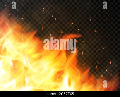 Fire background with flames, red fire sparks, glowing particles and smoke. Realistic flames on transparent background. Burning flames. Bonfire, campfi Stock Vector