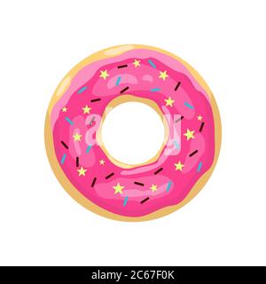 Donut with pink glaze. Color donut icon. Cute pink cartoon donut. Vector illustration. Stock Vector