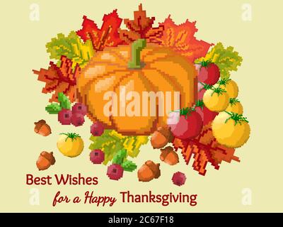 Thanksgiving card with pumpkin and leaves. Pixel art. Autumn background Stock Vector