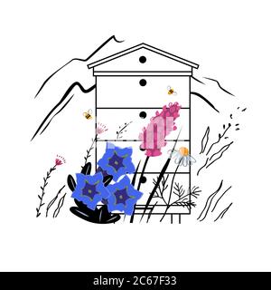 Mountain flowers vector sketch illustration. Alpine meadow honey concept with beehive in summer. Apiary concept. Beautiful flowers and busy bees . Stock Vector