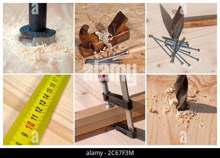 Carpenter's utensils in a collage Stock Photo