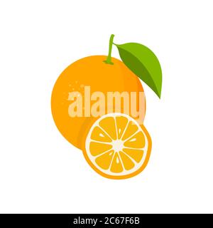 Orange with leaves and slice of orange. Flat orange. Citrus icon. Vector illustration. Stock Vector