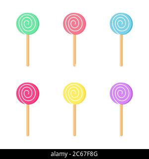 Lollipops color set. Candy on stick with twisted design. Vector illustration. Stock Vector