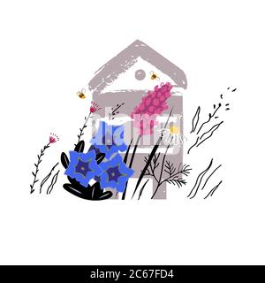 Mountain flowers vector sketch illustration. Alpine meadow honey concept with beehive in summer. Apiary concept. Beautiful flowers and busy bees . Stock Vector
