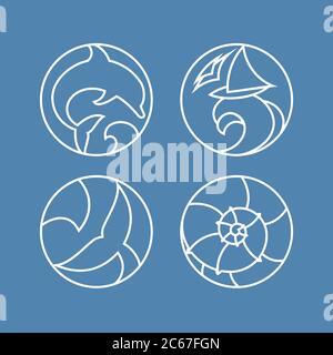 Set of logo badges with ocean wave, dolphin, whale tail, sailboat and seashell in a circular shape. Stock Vector