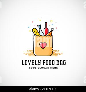 Lovely Food Paper Bag with Heart Symbol, Bread, Wine, Fish, etc. Abstract Vector Logo Template. Shopping or Delivery Sign. Catering Icon. Stock Vector