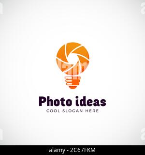 Photo Ideas Abstract Vector Logo Template. Shutter and Light Bulb Concept Symbol. Diaphragm Icon. Photography Sign. Orange Gradient. Stock Vector