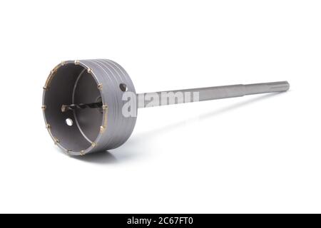 Metal crown for drilling large-diameter holes in concrete with a shank for a hammer drill Stock Photo