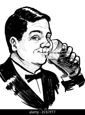 Happy man drinking beer. Ink black and white drawing Stock Photo - Alamy