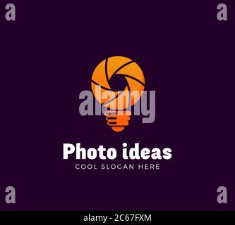 Photo Ideas Abstract Vector Logo Template. Shutter and Light Bulb Concept Symbol. Diaphragm Icon. Photography Sign. Orange Gradient on Dark Background Stock Vector