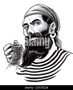 Pirate sailor character. Ink black and white drawing Stock Photo - Alamy