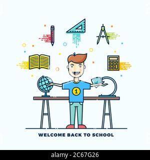 Back to School Line Style Flat Vector Illustration. Stationary Icons. Boy Standing at the Desk with Lamp and Globe. Stock Vector