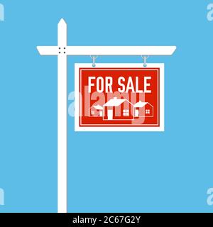 For Sale sign. Estate wooden placard. Home for sale. Buy or rent house. Vector illustration on blue background. Stock Vector
