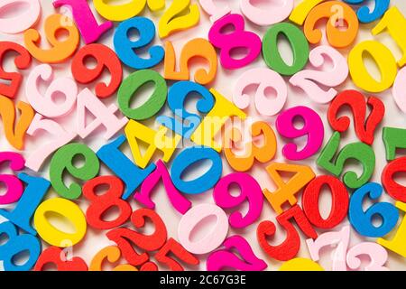Colorful wooden colorful numbers background.Top view abstraction of multicolor numbers from zero to nine. Numbers texture abstraction. Mathematics top Stock Photo