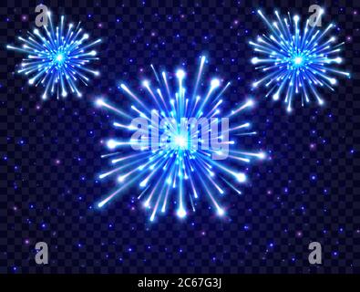 Color neon fireworks in the night sky. Bright fireworks on transparent background. New Year design. Blue star burst. Vector illustration. Stock Vector