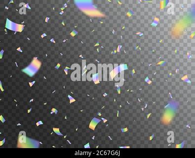 Holographic shiny falling confetti on transparent background. Rainbow festive tinsel. Glitch effect. Foil hologram. Color iridescent decoration for Ch Stock Vector