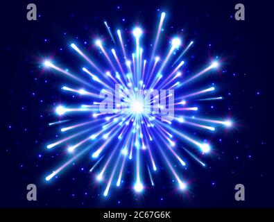 Bright firework. Color neon firework in the night sky. New Year background. Celebration design. Blue star burst. Vector illustration. Stock Vector
