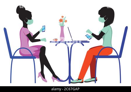 Freelancers, students or business women in mask sitting on a chair and working on laptop in cafe or from home. Stock Vector