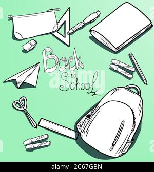 vector cartoon outlines of school supplies  Stock Vector