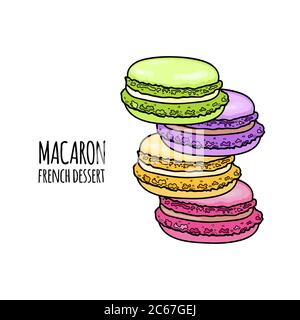 Stack of colorful macaron, almond cakes isolated on white background. Set of sweet almond macaroon. French dessert. Vector illustration. Stock Vector