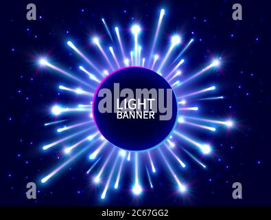 Colorful light banner with glowing rays. Shining neon circle banner. Bright firework. Blue star burst. New Year background. Vector illustration. Stock Vector