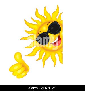 Cheerful cartoon sun in sun glasses. Sun on a white background. The sun rejoices in good luck. Stock Vector