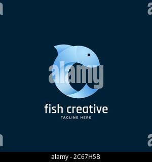 Fish Creative Abstract Vector Sign, Emblem or Logo Template. Silhouette in the Form of Letter C. Light Blue Clean Gradient Color. Stock Vector