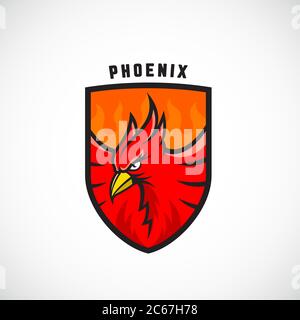 Bird in a Shield Vector Emblem or Logo Template. Fire Phoenix Illustration. Perfect for Sport Team, League Labels. Stock Vector
