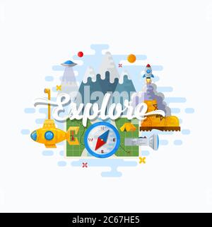 Explore Abstract Vector Flat Style Modern Illustration. Discovery, Science, Education and Outdoor Icons Concept. Good Header or Banner for Your Stock Vector