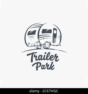 Trailer or Van Park Vector Logo Template. Silhouette Tourism Icon. Label with Retro Typography. Stock Vector