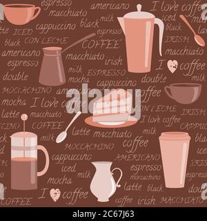 Seamless pattern with coffee items and text Stock Vector