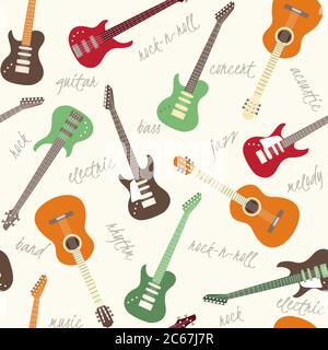 Seamless pattern with colorful guitars and text Stock Vector