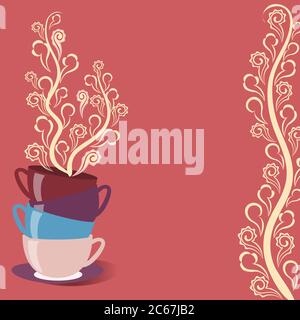 Bright tea card with cups and flowers Stock Vector