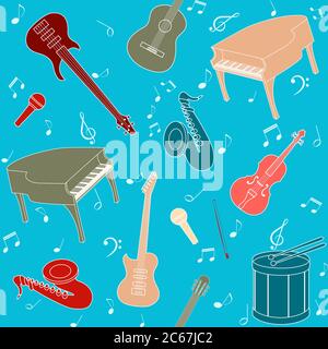 Seamless pattern with musical instruments and note symbols Stock Vector