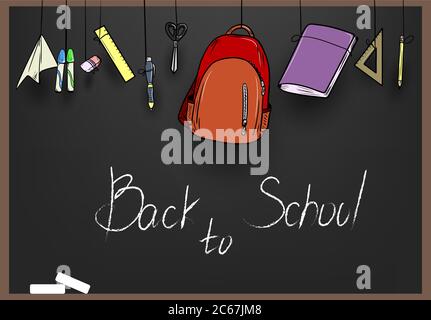 vector school supplies hanging over a chalkboard  Stock Vector