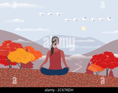 Woman relax in autumn mountains flat color vector Stock Vector
