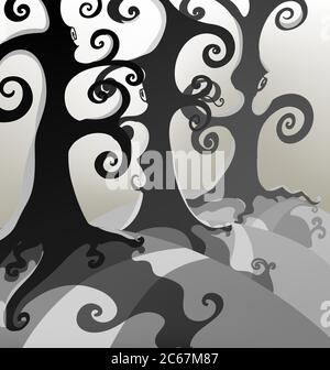 vector dark foggy forest with tall scary trees Stock Vector