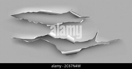 Torn hole, ragged crack in steel sheet. Vector realistic mockup of ripped edges of metal break isolated on transparent background. Damaged metallic page from cut or explosion Stock Vector