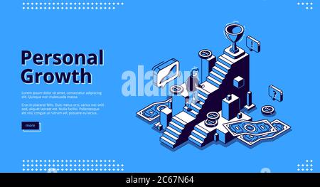 Personal growth banner. Concept of self build career, development, professional progress. Vector landing page of goal achievement with isometric man rises up on steps Stock Vector