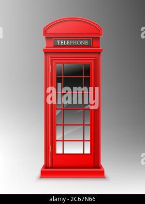 Vintage red telephone booth, classic London retro phone box. Close public English cabin for talks and communication, United Kingdom design isolated on grey background. Realistic 3d vector illustration Stock Vector