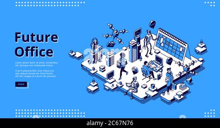 Future office isometric landing page. Human and ai robots work together. Robotic employees with people in futuristic workplace. Cyborgs automation artificial intelligence 3d vector line art web banner Stock Vector
