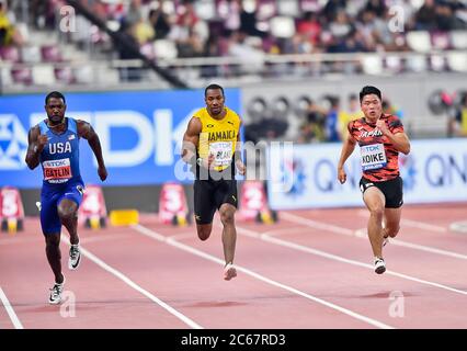 Justin Gatlin (USA), Yohan Blake (Jamaica), Yuki Koike (Japan). 100 Metres men, Semifinal. IAAF World Athletics Championships, Doha 2019 Stock Photo