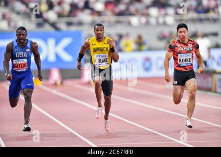 Justin Gatlin (USA), Yohan Blake (Jamaica), Yuki Koike (Japan). 100 Metres men, Semifinal. IAAF World Athletics Championships, Doha 2019 Stock Photo