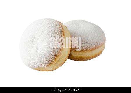 Traditional sweet donuts with powdered sugar and jam. Fat Thursday or Hanukkah celebration. Isolated on white. Stock Photo