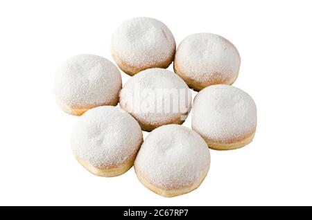 Traditional sweet donuts with powdered sugar and jam. Fat Thursday or Hanukkah celebration. Isolated on white. Stock Photo